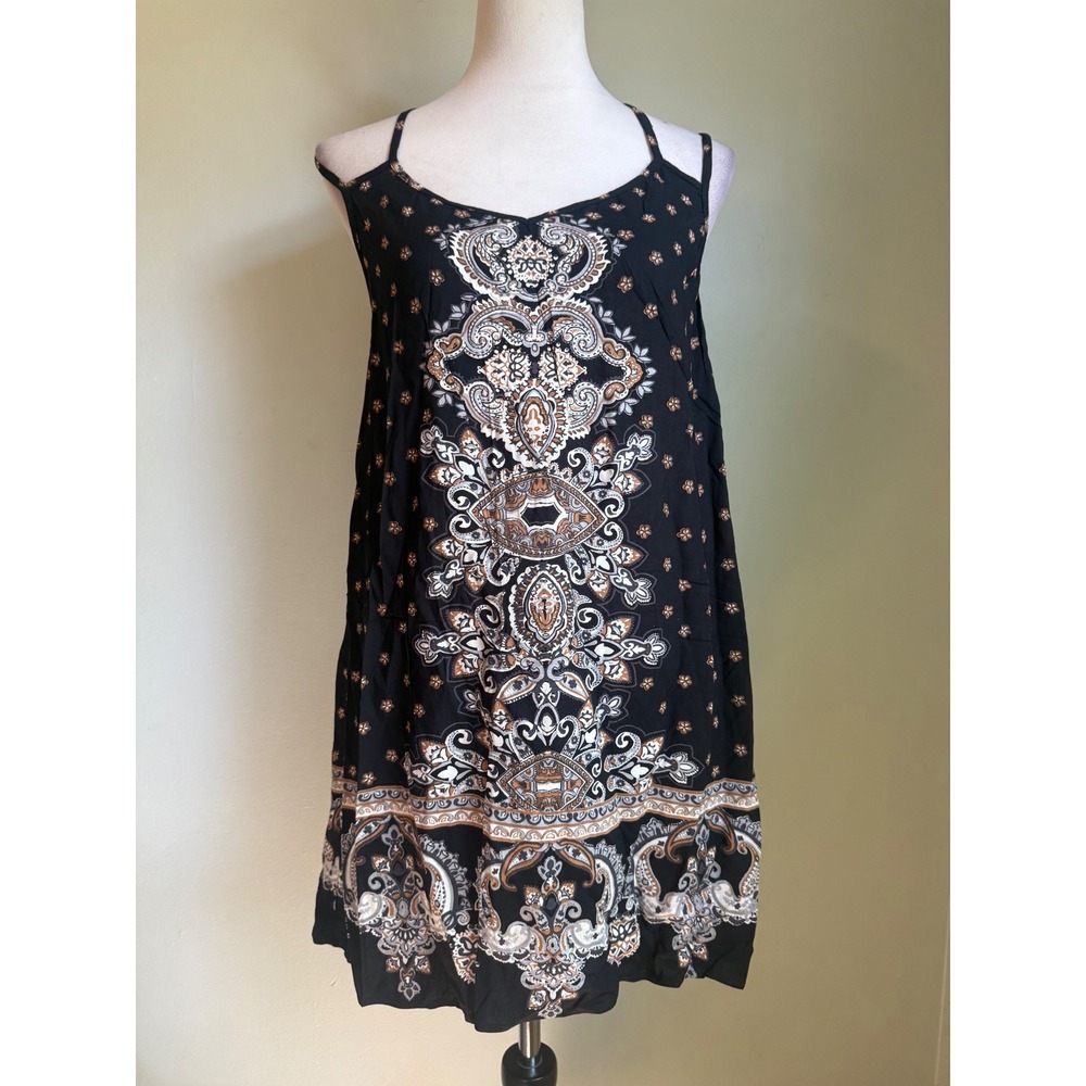 Angie boho whimsi Black Paisley tunic top mini dress strappy tan y2k festival